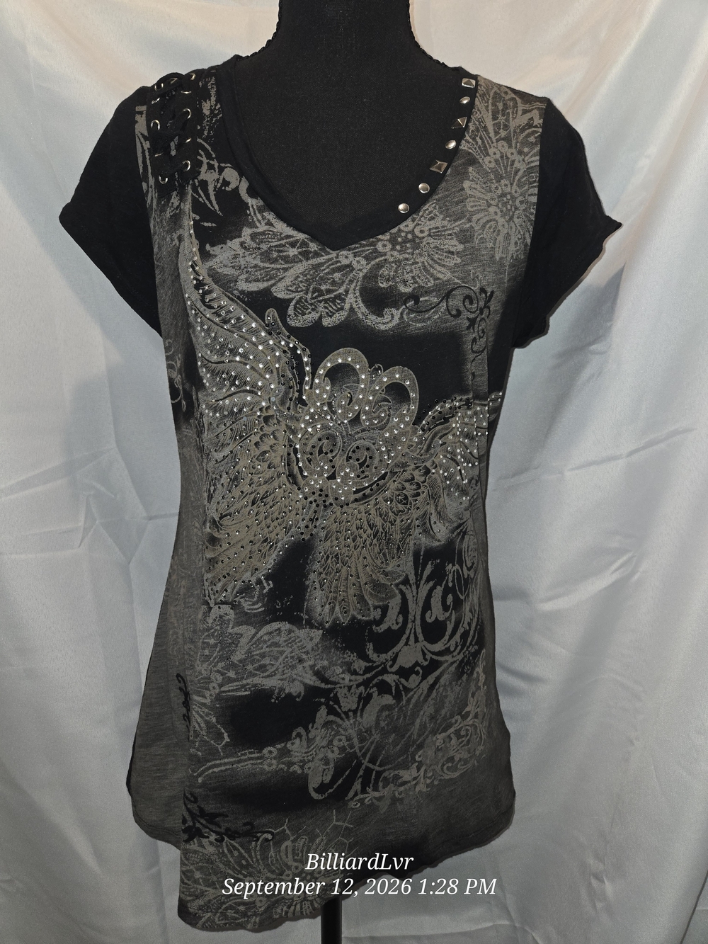RXB Black and Gray Studded V-Neck Short Sleeve Top
